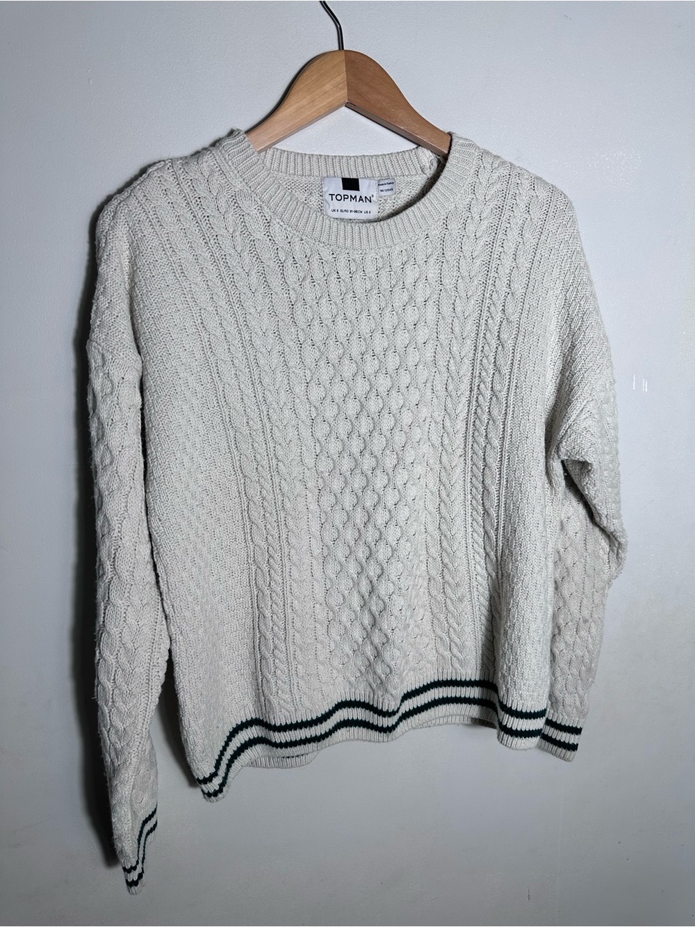 Topman Cream Cable Knit Crewneck Sweater with Dark Stripe Hem